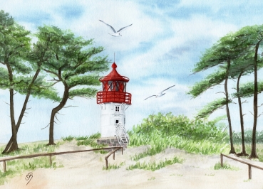 Postkarte DIN-A6 Aquarell Maritim Kunst Druck Kunstdruck Ostsee Kleiner Leuchtturm Hiddensee Rügen Strand Dünen